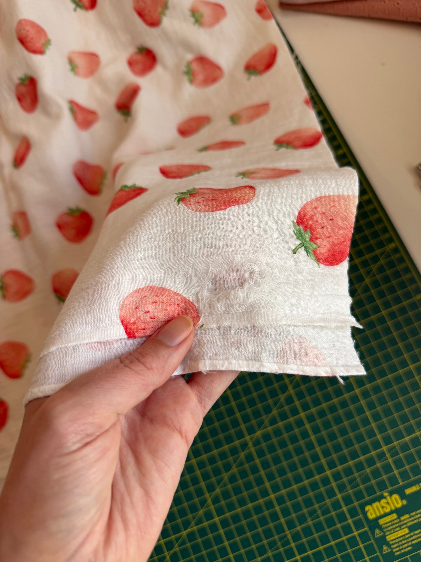 Double Gauze Fabric - Strawberries - 210cm Remnant - Defects - See Images