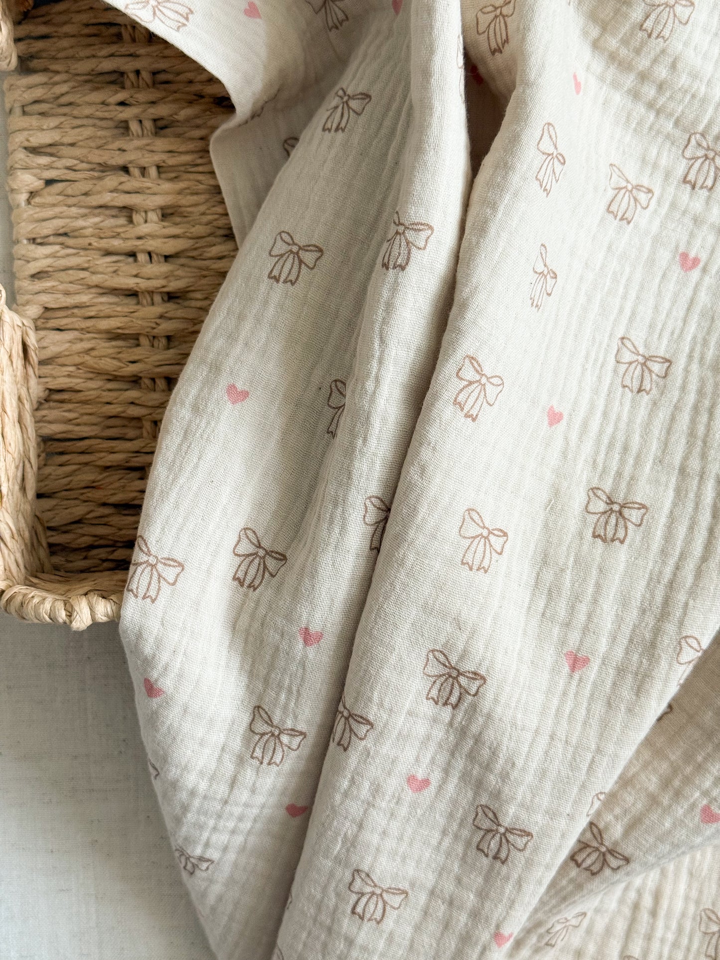 Organic Cotton Double Gauze Fabric - Bows & Hearts