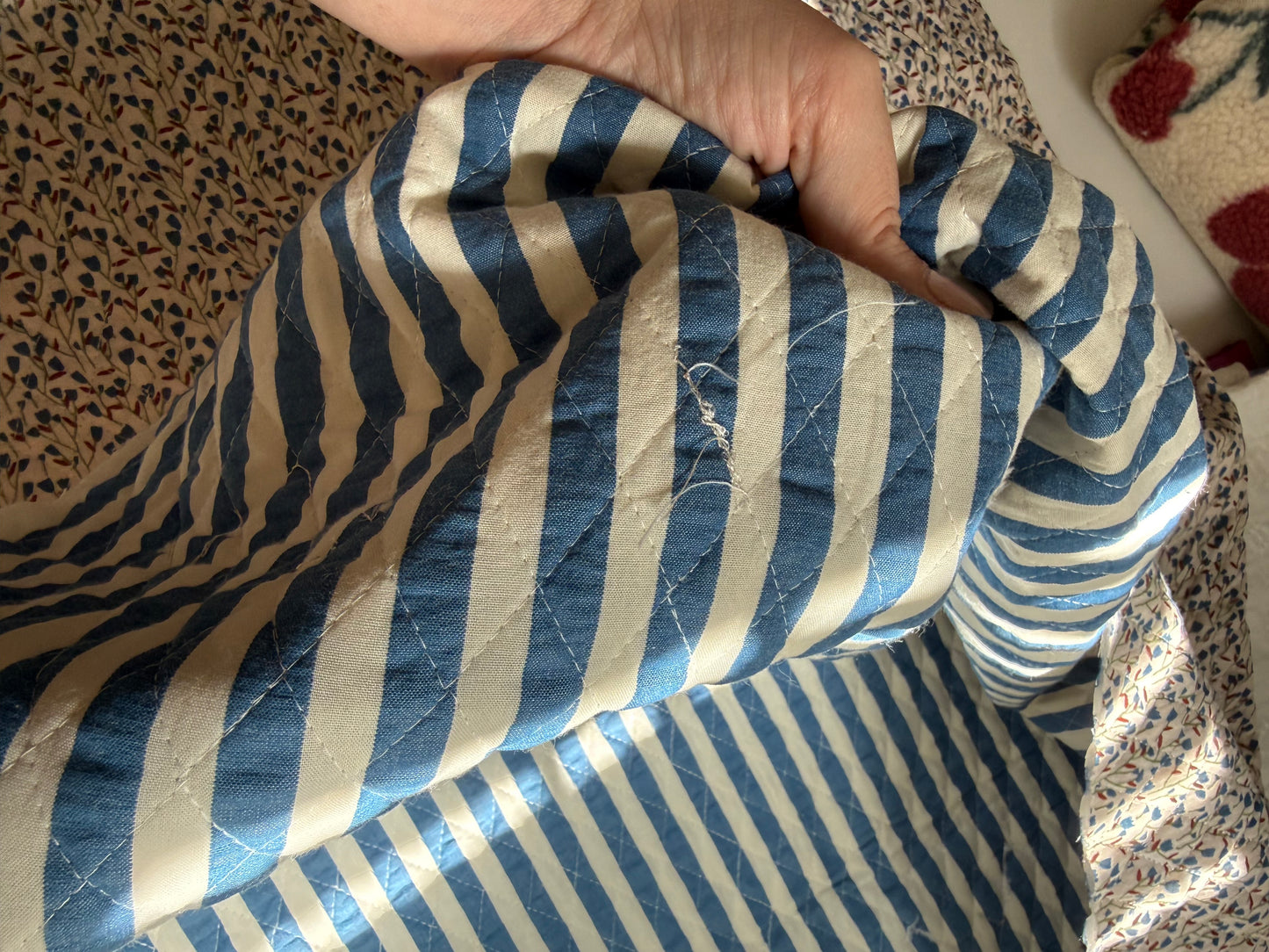 Reversible Quilted Double Gauze Fabric - Blue Meadow / Stripe - 100cm Remnant - See Photos
