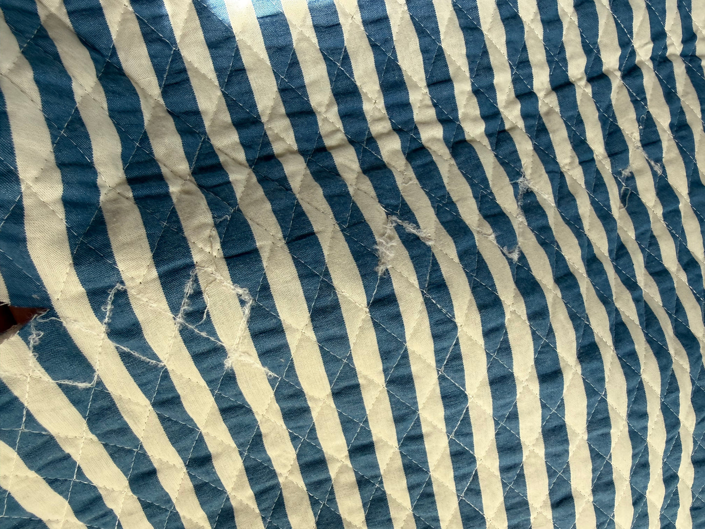 Reversible Quilted Double Gauze Fabric - Blue Meadow / Stripe - 100cm Remnant - See Photos