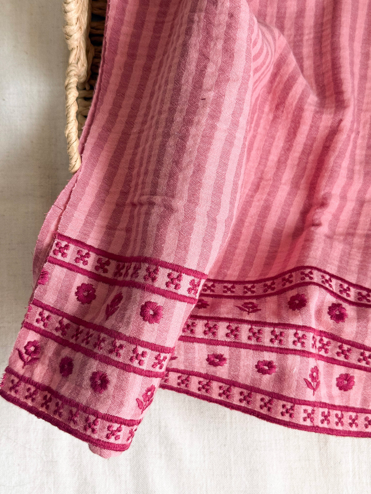 Double Gauze Fabric - Embroidered Border - Pink & Mulberry Stripe
