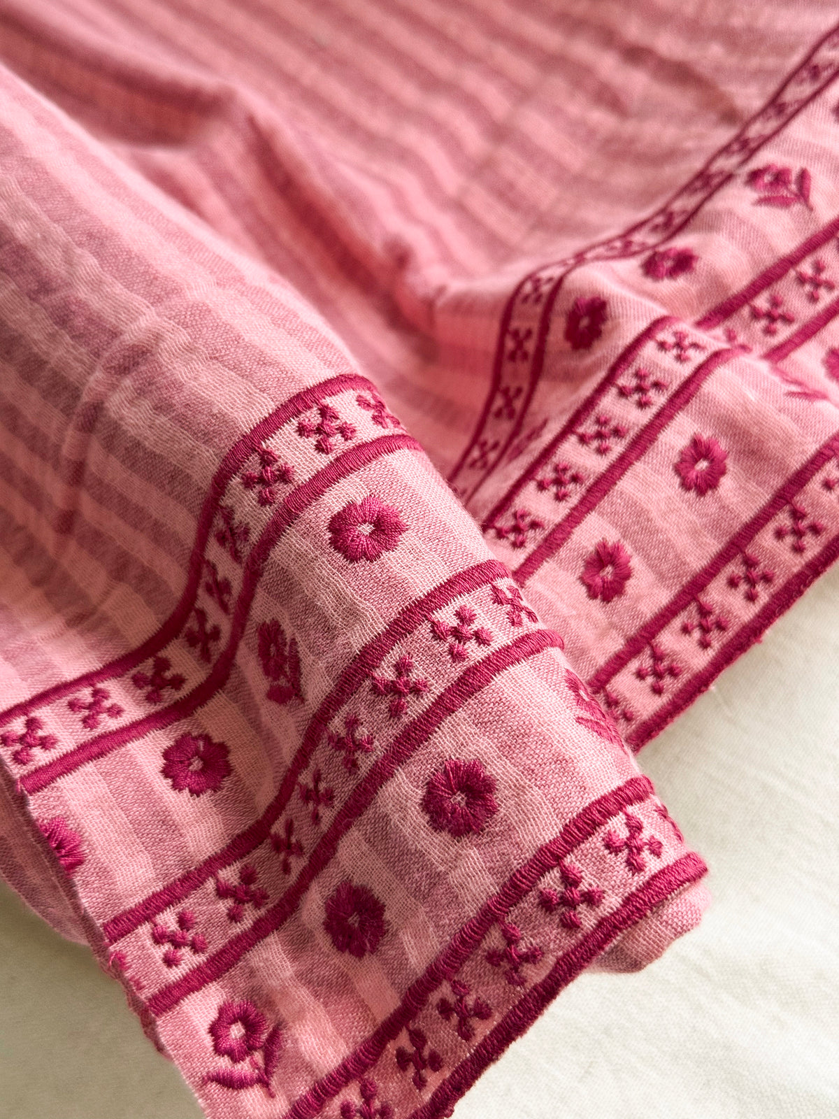 Double Gauze Fabric - Embroidered Border - Pink & Mulberry Stripe