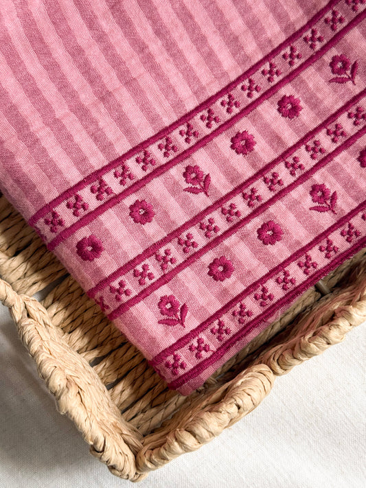 Double Gauze Fabric - Embroidered Border - Pink & Mulberry Stripe