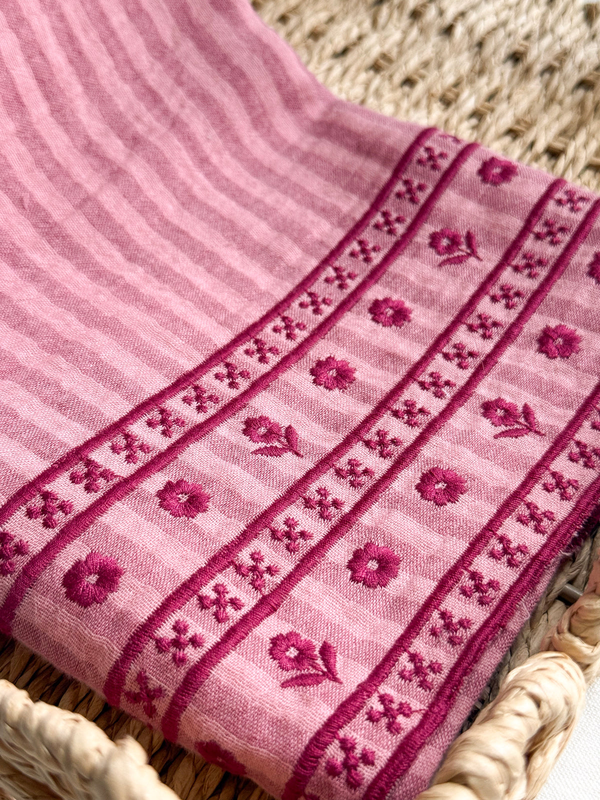 Double Gauze Fabric - Embroidered Border - Pink & Mulberry Stripe