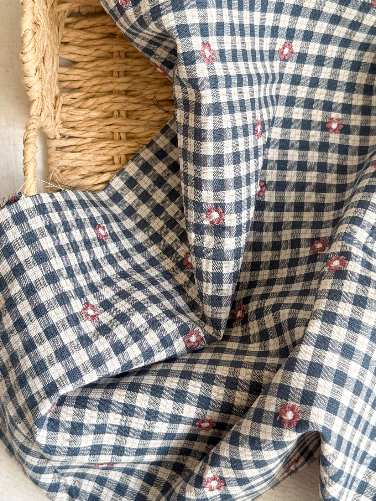 Cotton Viscose Blend Embroidered Gingham Fabric - Petrol