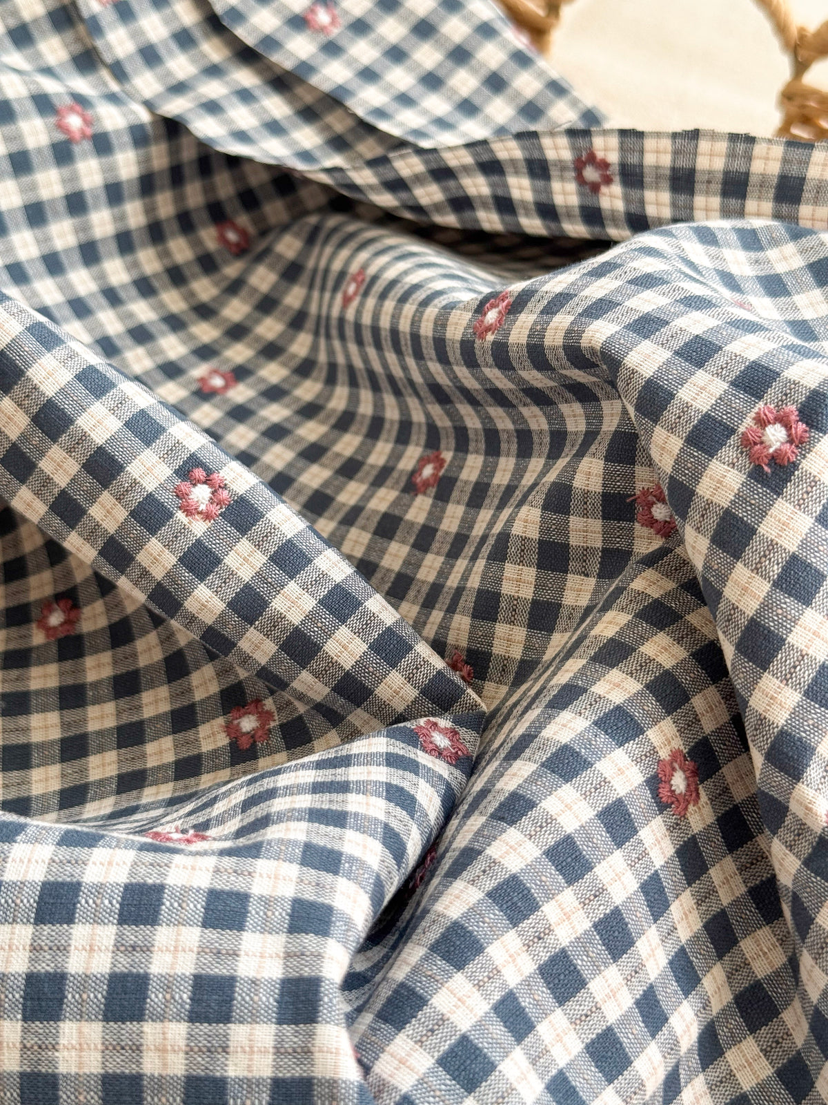 Cotton Viscose Blend Embroidered Gingham Fabric - Petrol