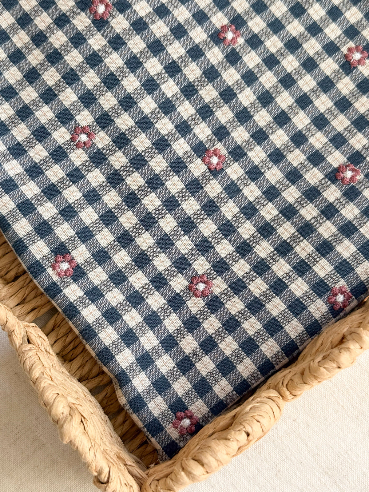 Cotton Viscose Blend Embroidered Gingham Fabric - Petrol