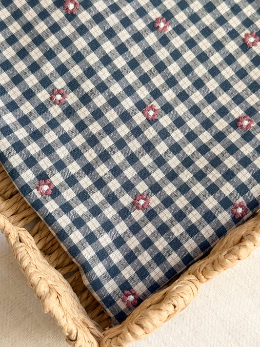 Cotton Viscose Blend Embroidered Gingham Fabric - Petrol