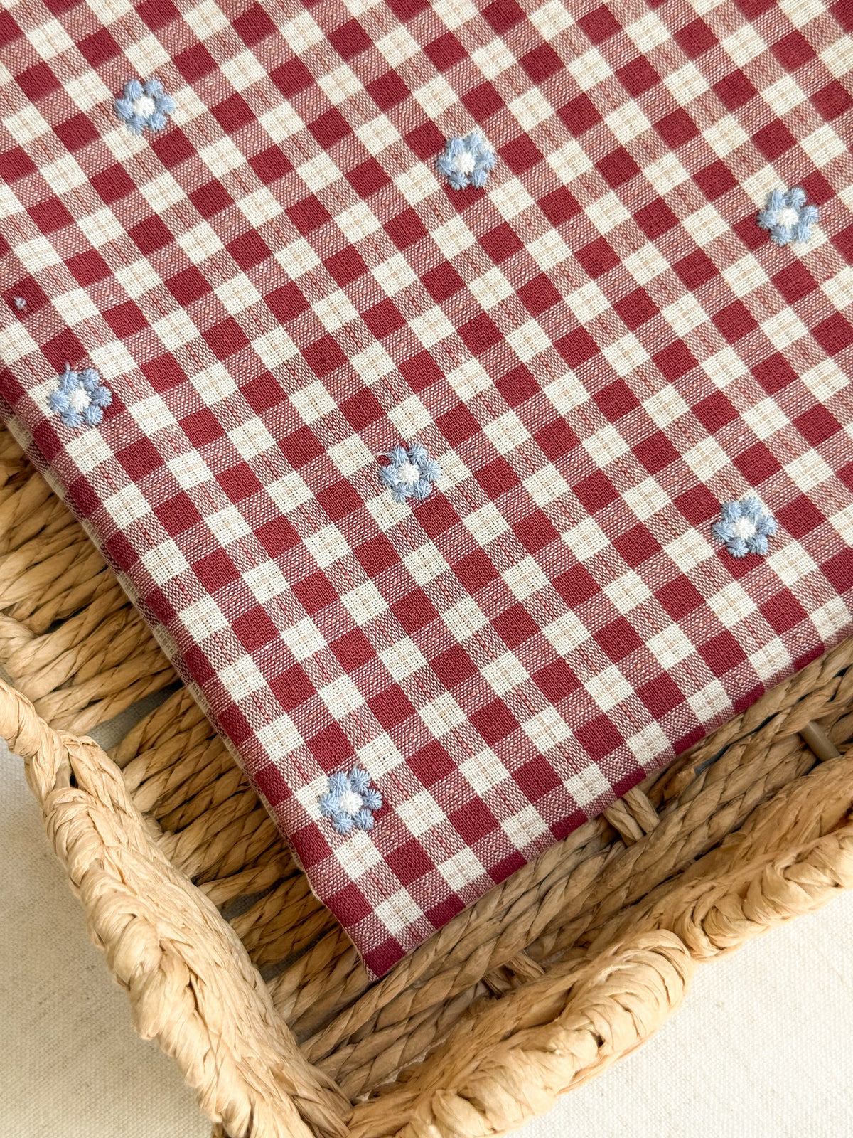 Cotton Viscose Blend Embroidered Gingham Fabric - Burgundy
