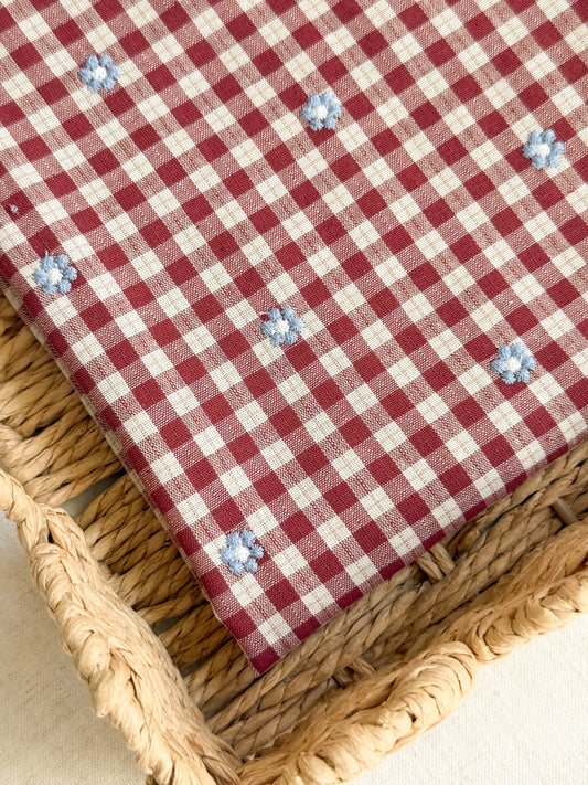 Cotton Viscose Blend Embroidered Gingham Fabric - Burgundy