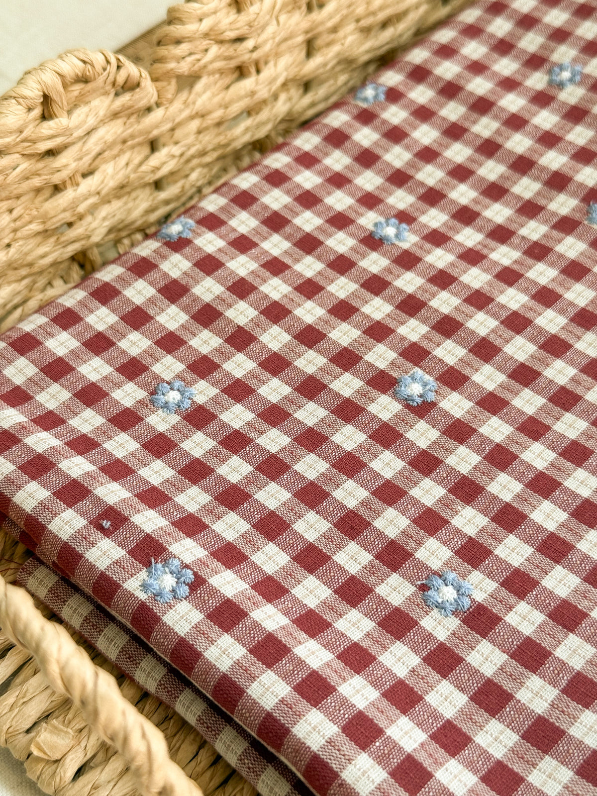 Cotton Viscose Blend Embroidered Gingham Fabric - Burgundy