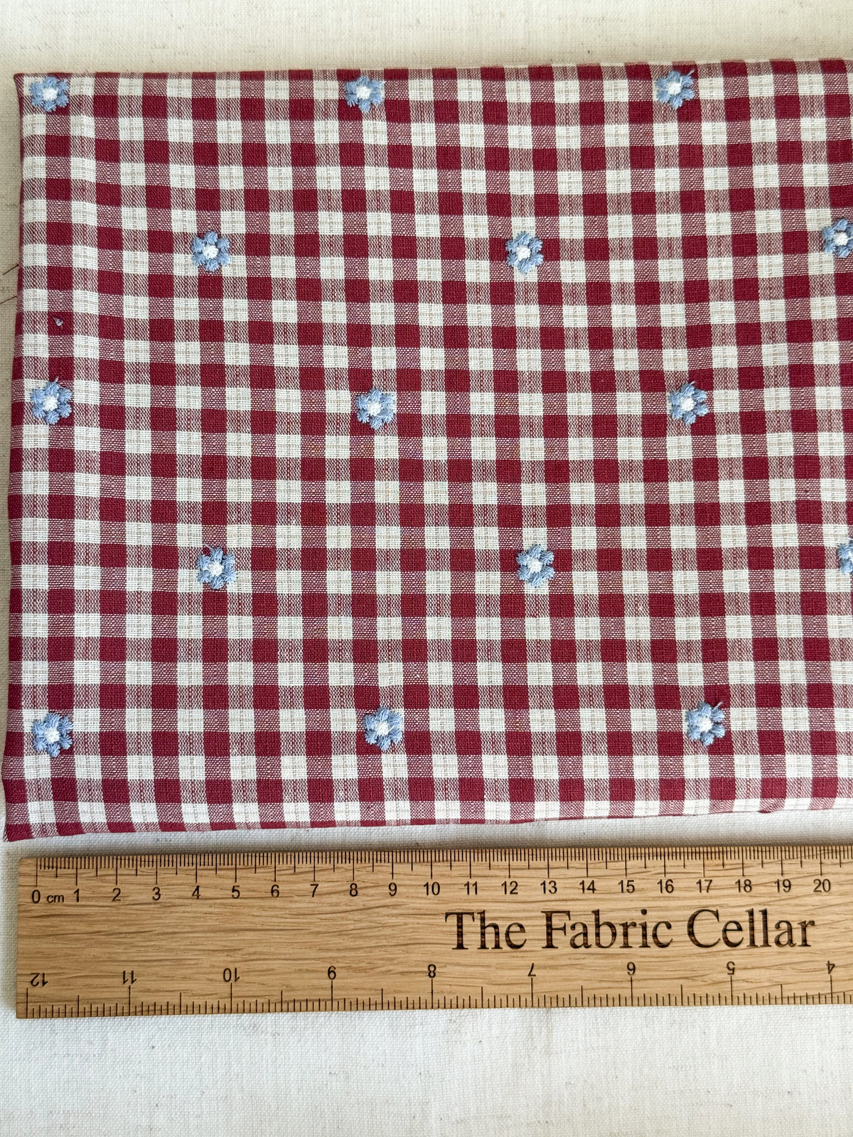Cotton Viscose Blend Embroidered Gingham Fabric - Burgundy