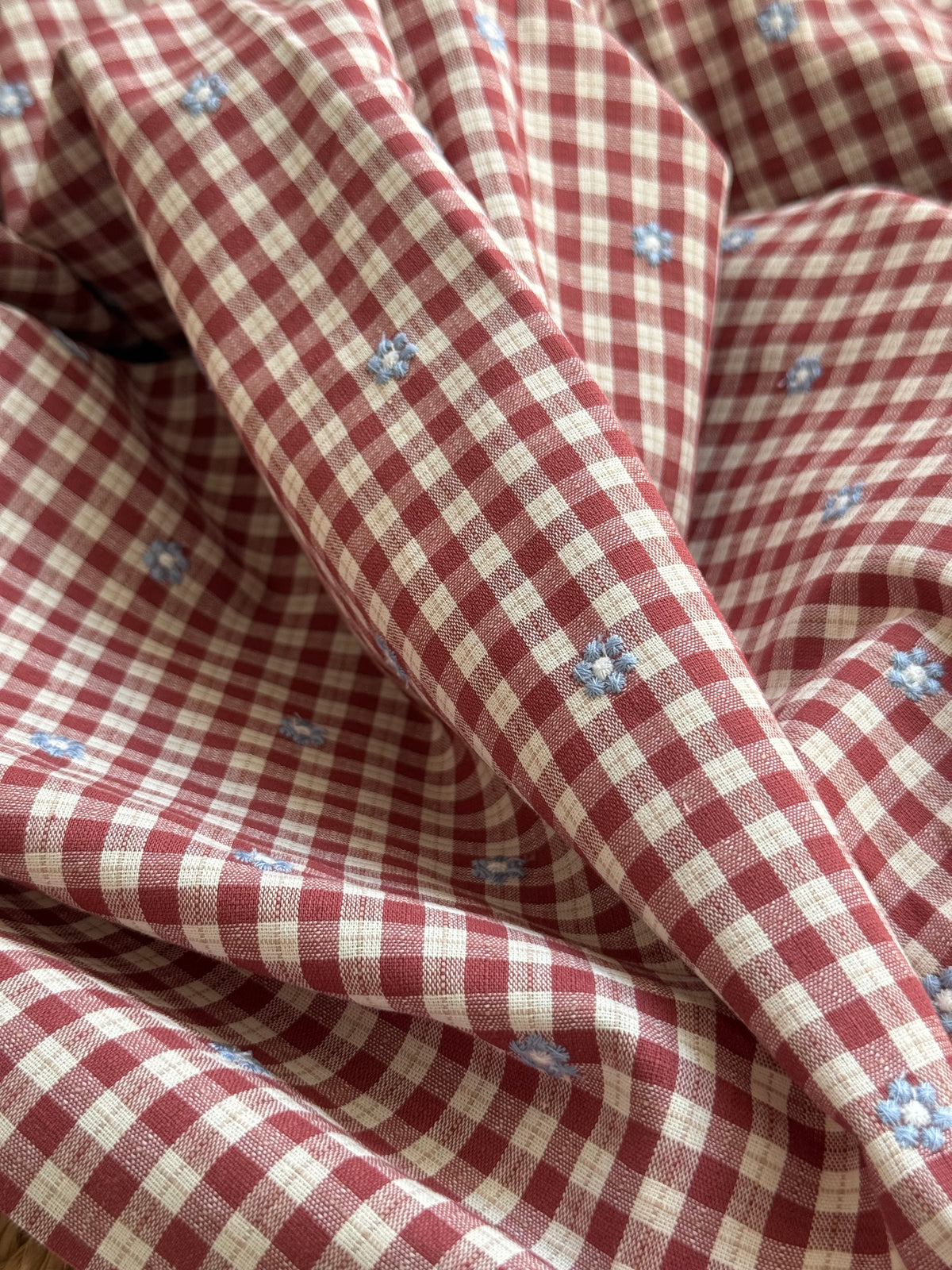 Cotton Viscose Blend Embroidered Gingham Fabric - Burgundy