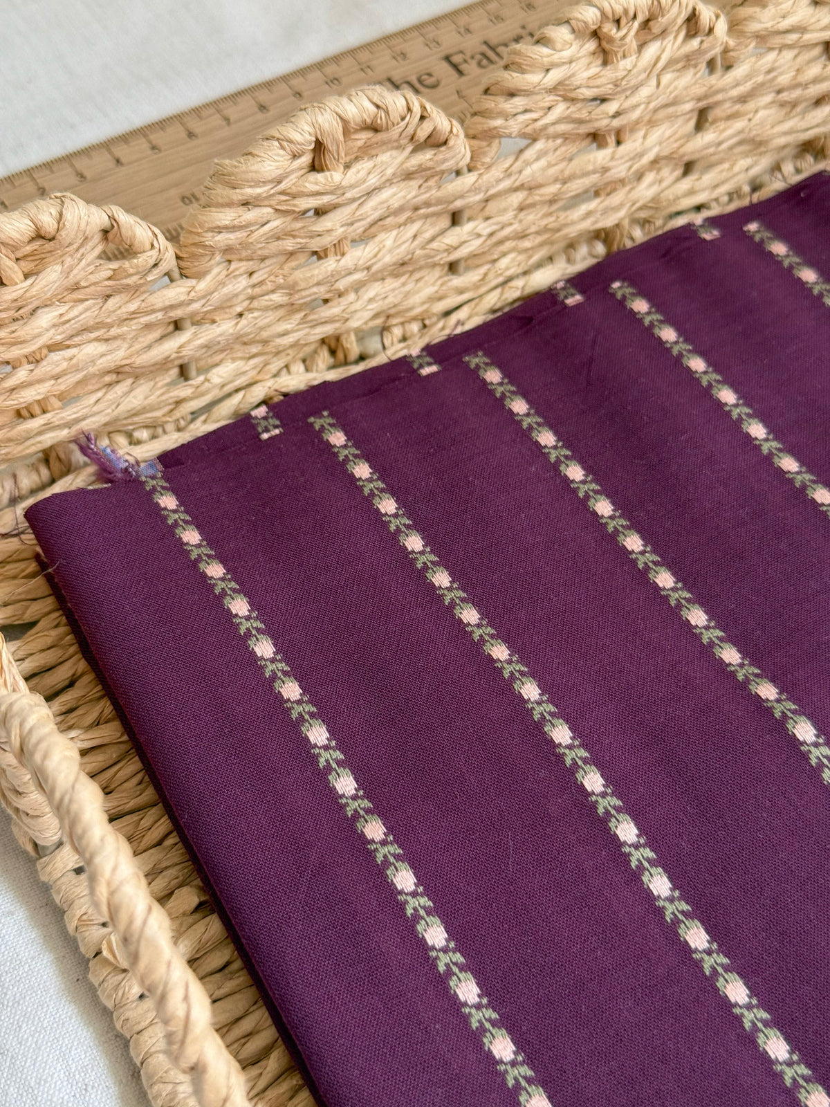 Cotton Jacquard Fabric - Floral Stripe - Bordeaux