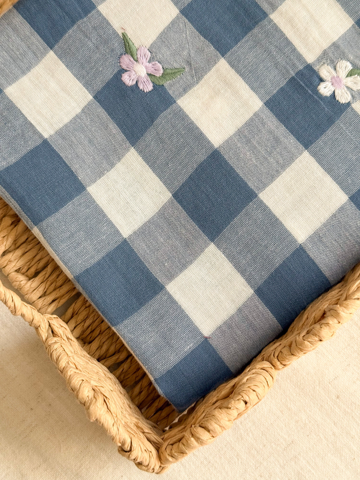 Embroidered Double Gauze Fabric - Blue Gingham Floral