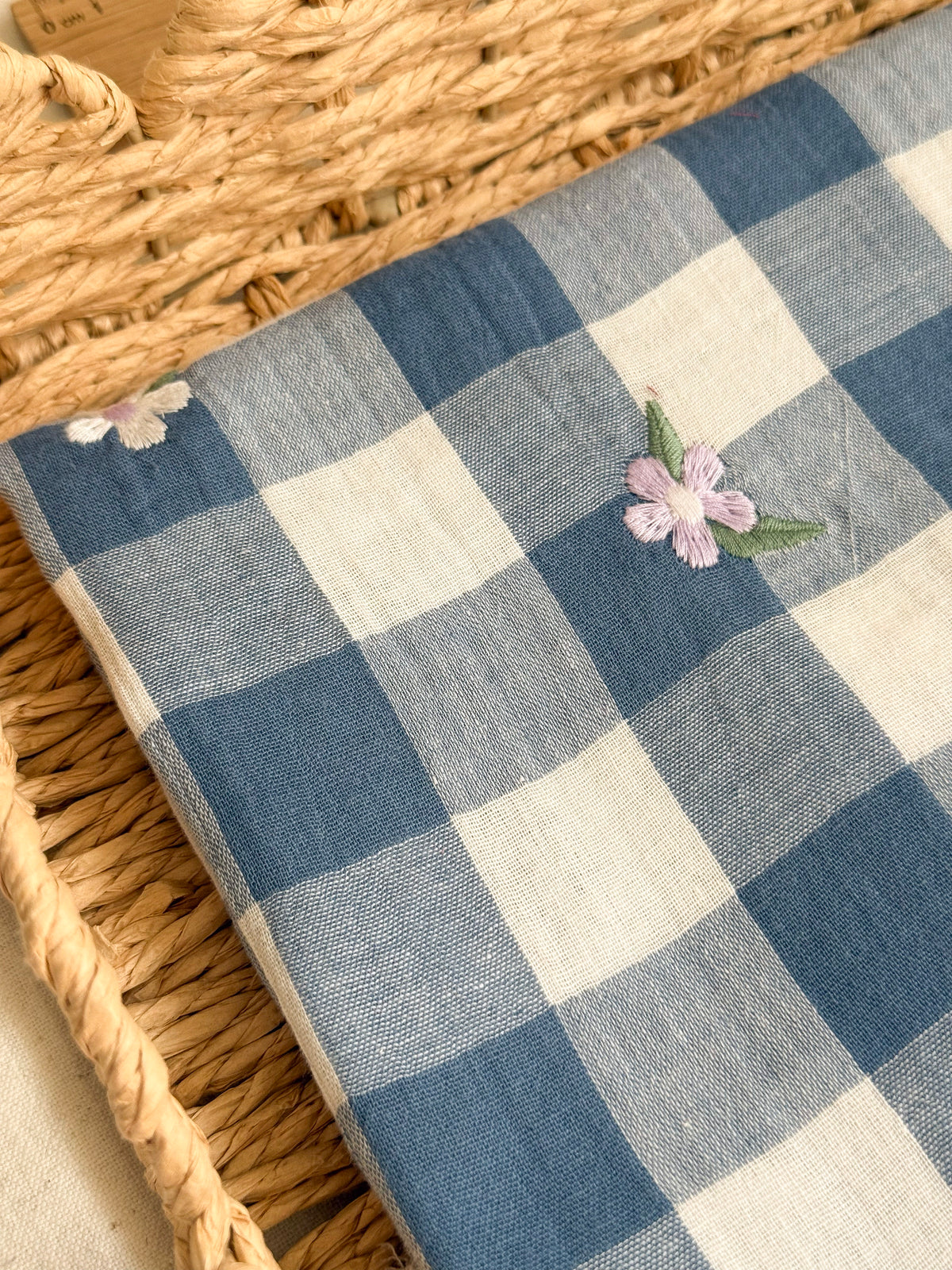 Embroidered Double Gauze Fabric - Blue Gingham Floral
