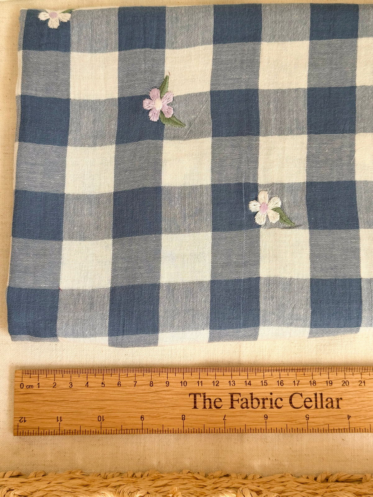 Embroidered Double Gauze Fabric - Blue Gingham Floral
