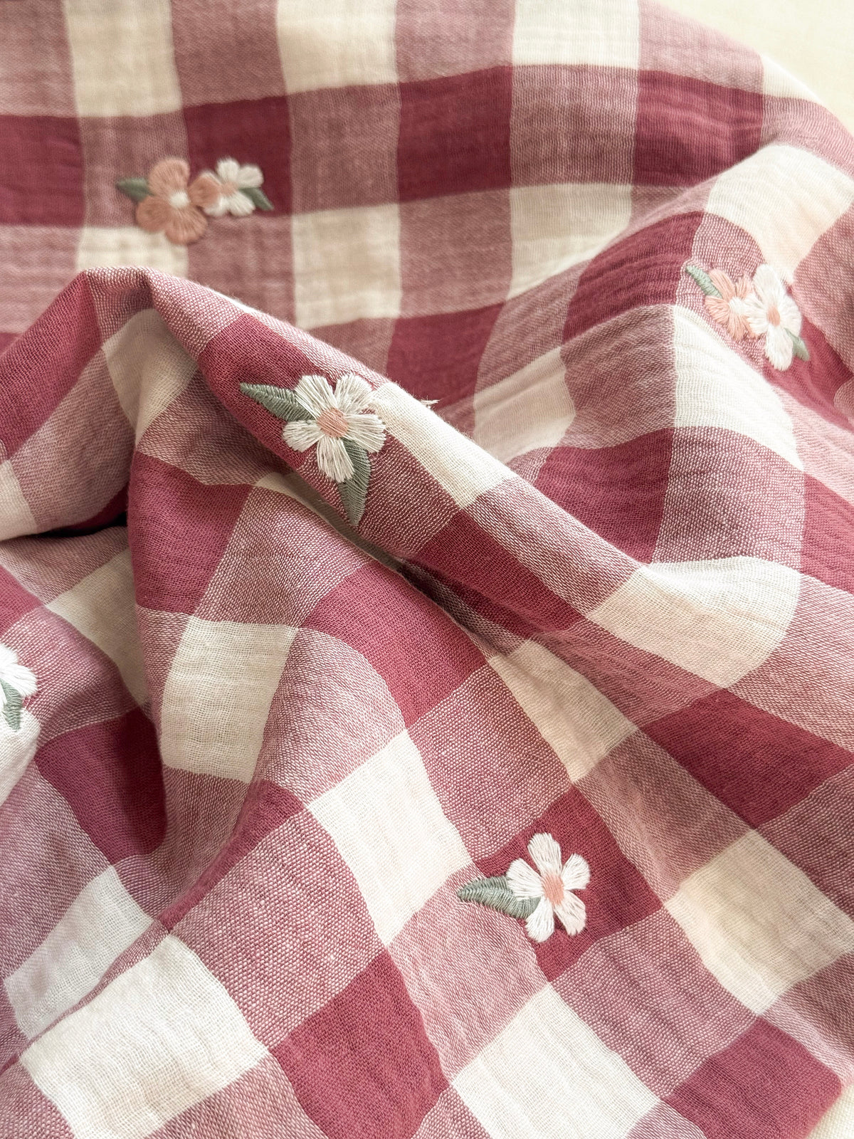 Embroidered Double Gauze Fabric - Red Wine Gingham Floral