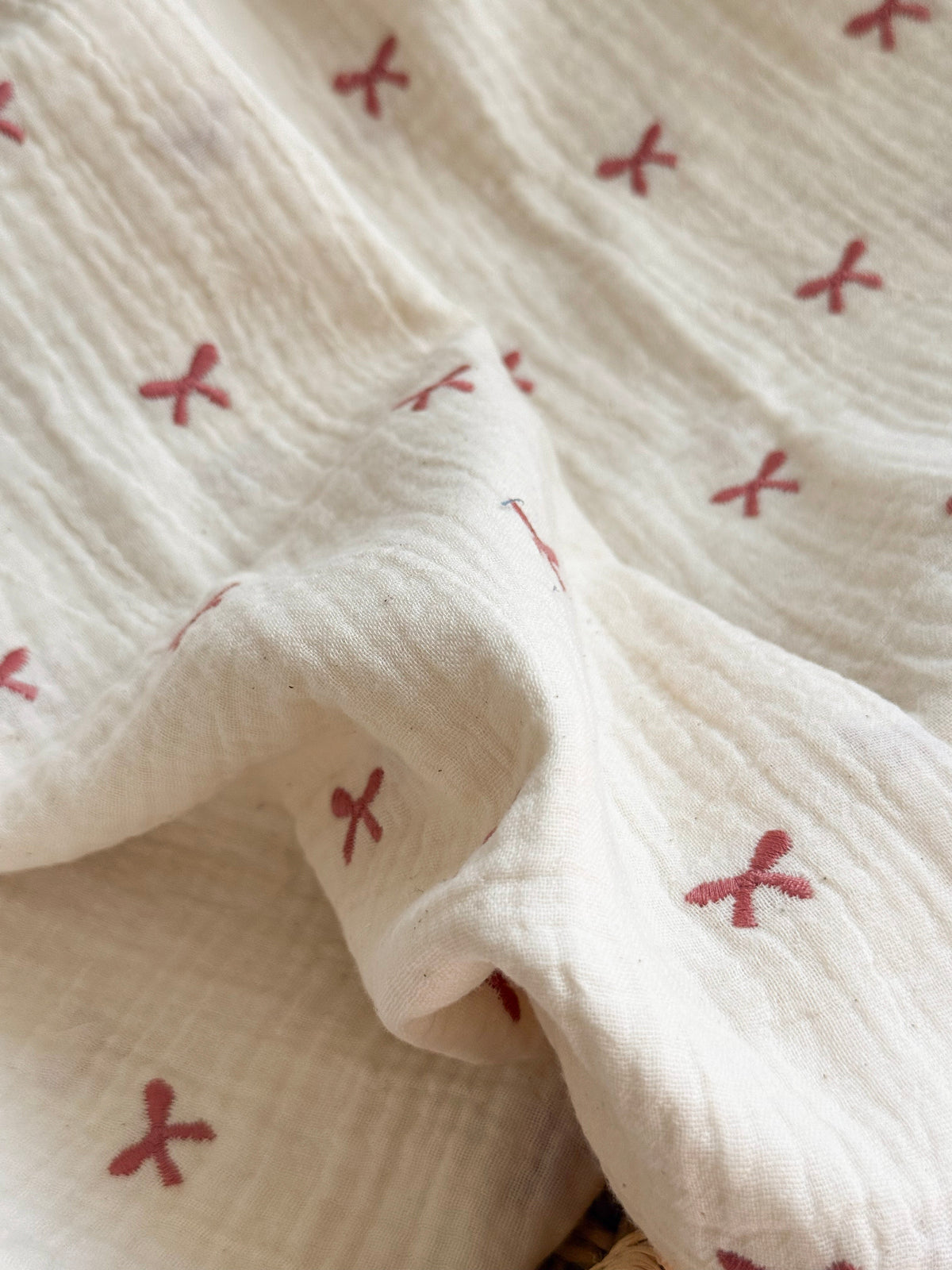 Embroidered Double Gauze Fabric - Embroidered Bows