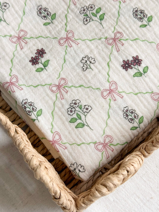 Organic Cotton Double Gauze Fabric - Bows & Flowers