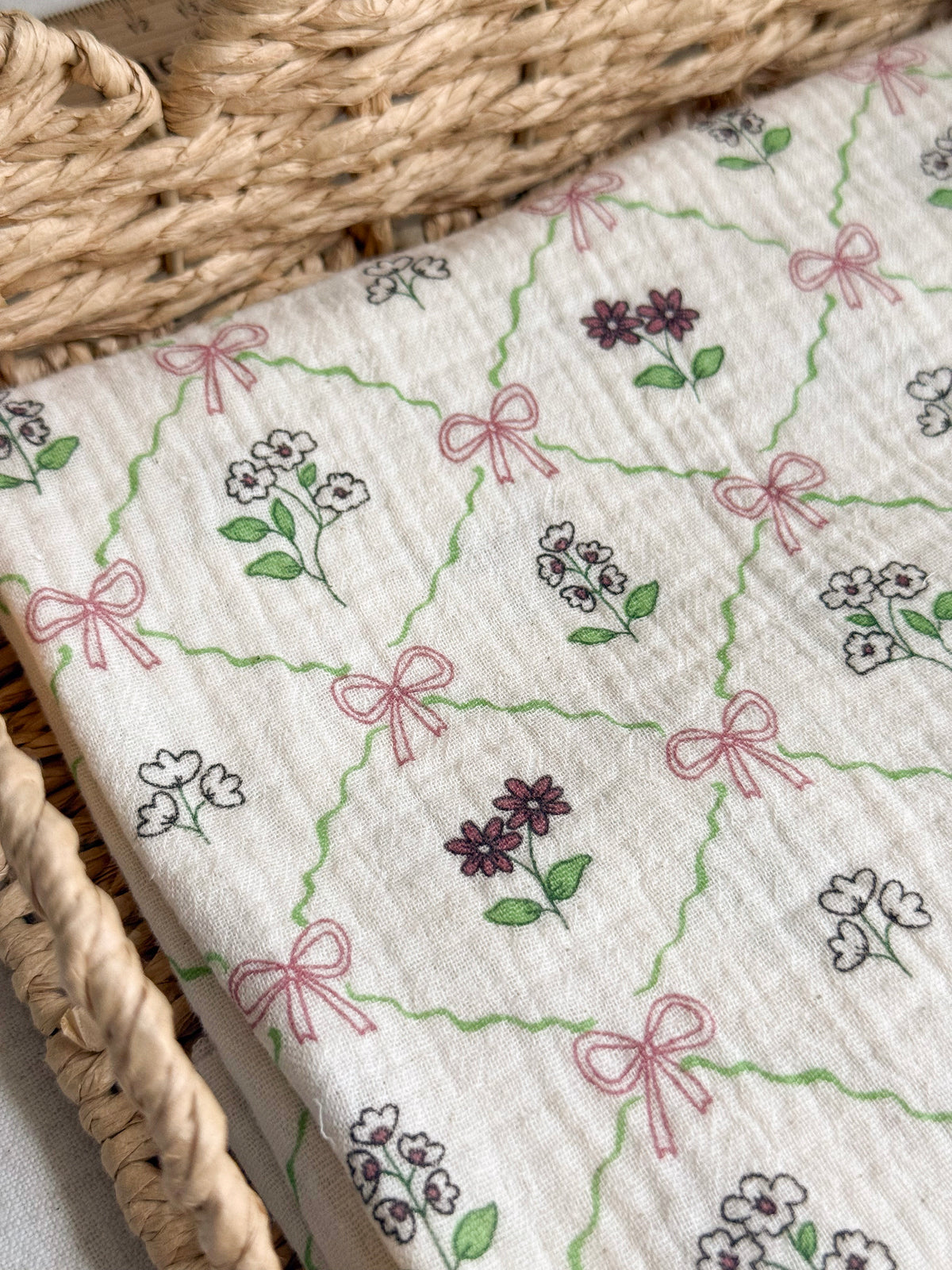 Organic Cotton Double Gauze Fabric - Bows & Flowers