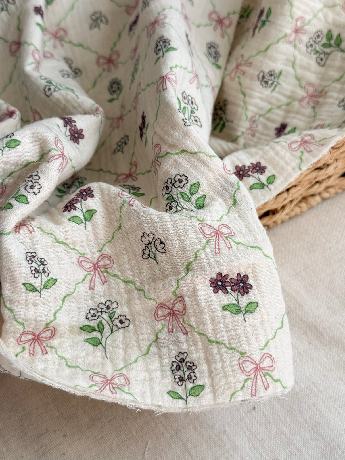 Organic Cotton Double Gauze Fabric - Bows & Flowers