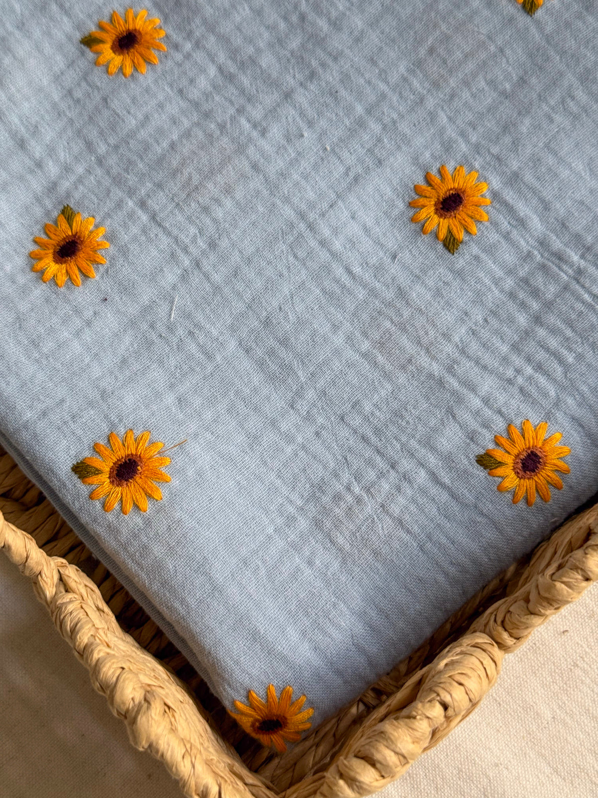 Embroidered Double Gauze Fabric - Sunflowers Sky Blue