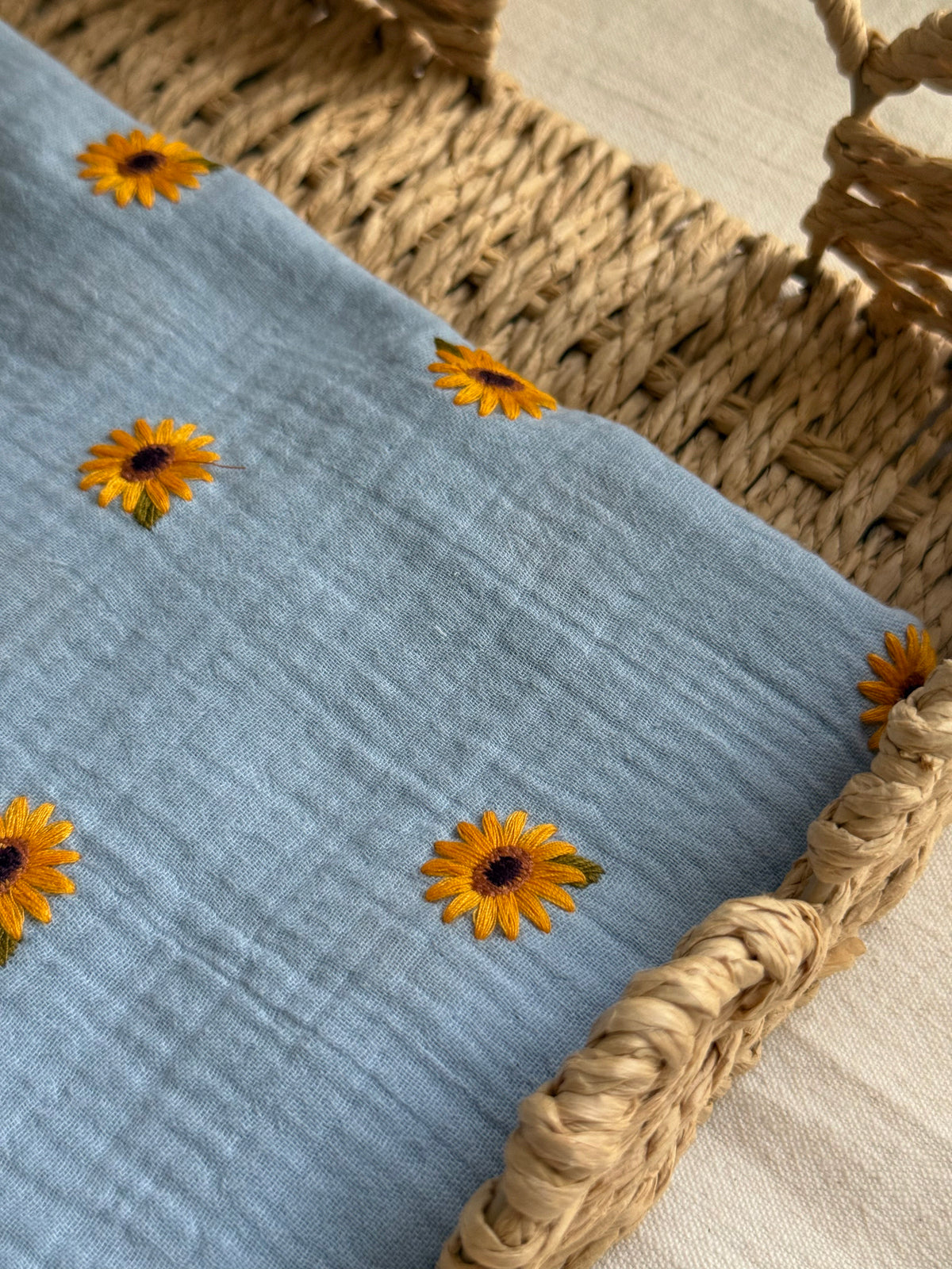 Embroidered Double Gauze Fabric - Sunflowers Sky Blue