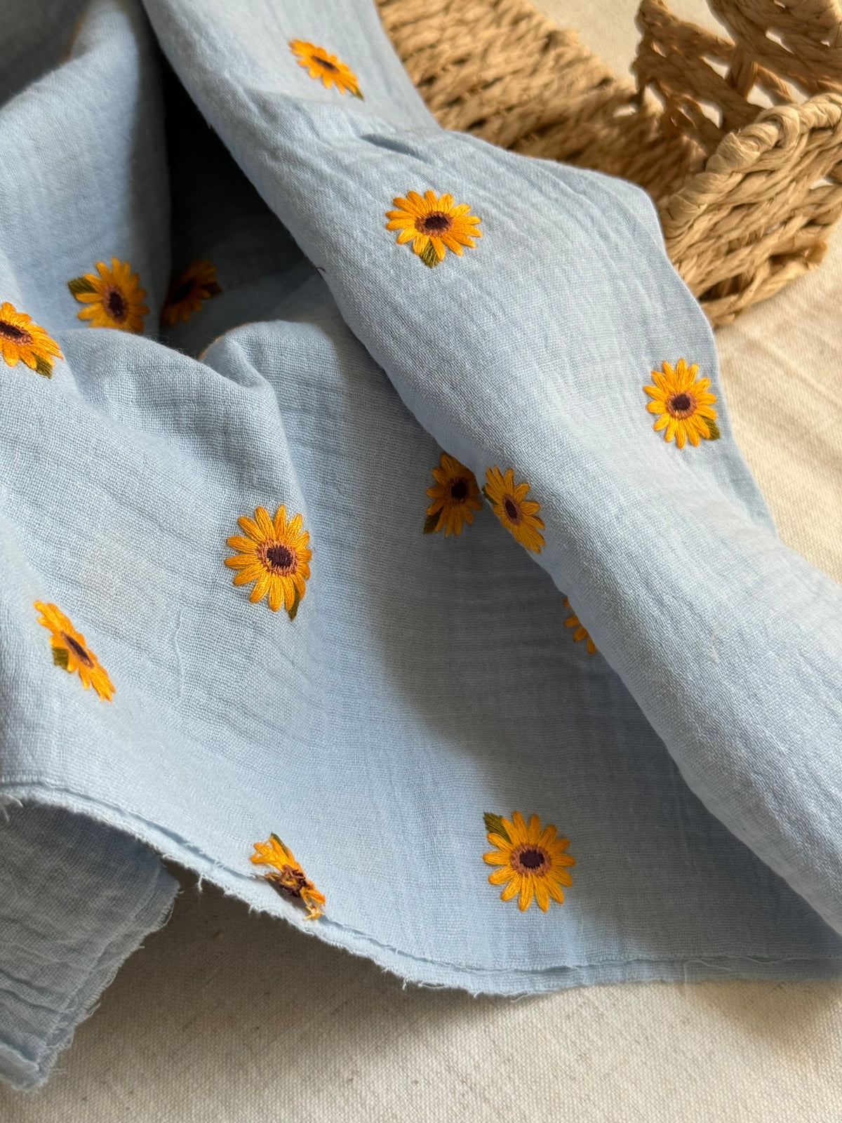 Embroidered Double Gauze Fabric - Sunflowers Sky Blue