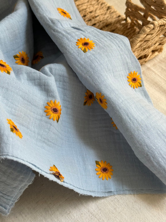 Embroidered Double Gauze Fabric - Sunflowers Sky Blue