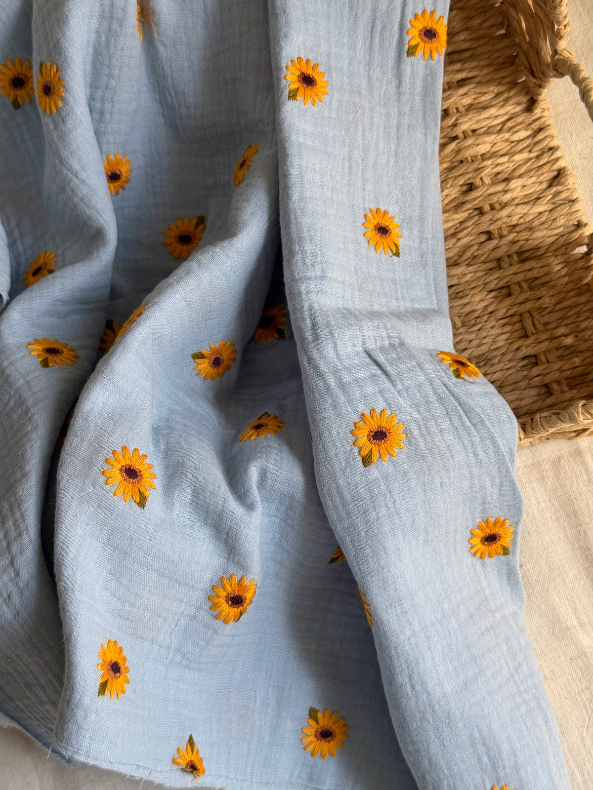 Embroidered Double Gauze Fabric - Sunflowers Sky Blue