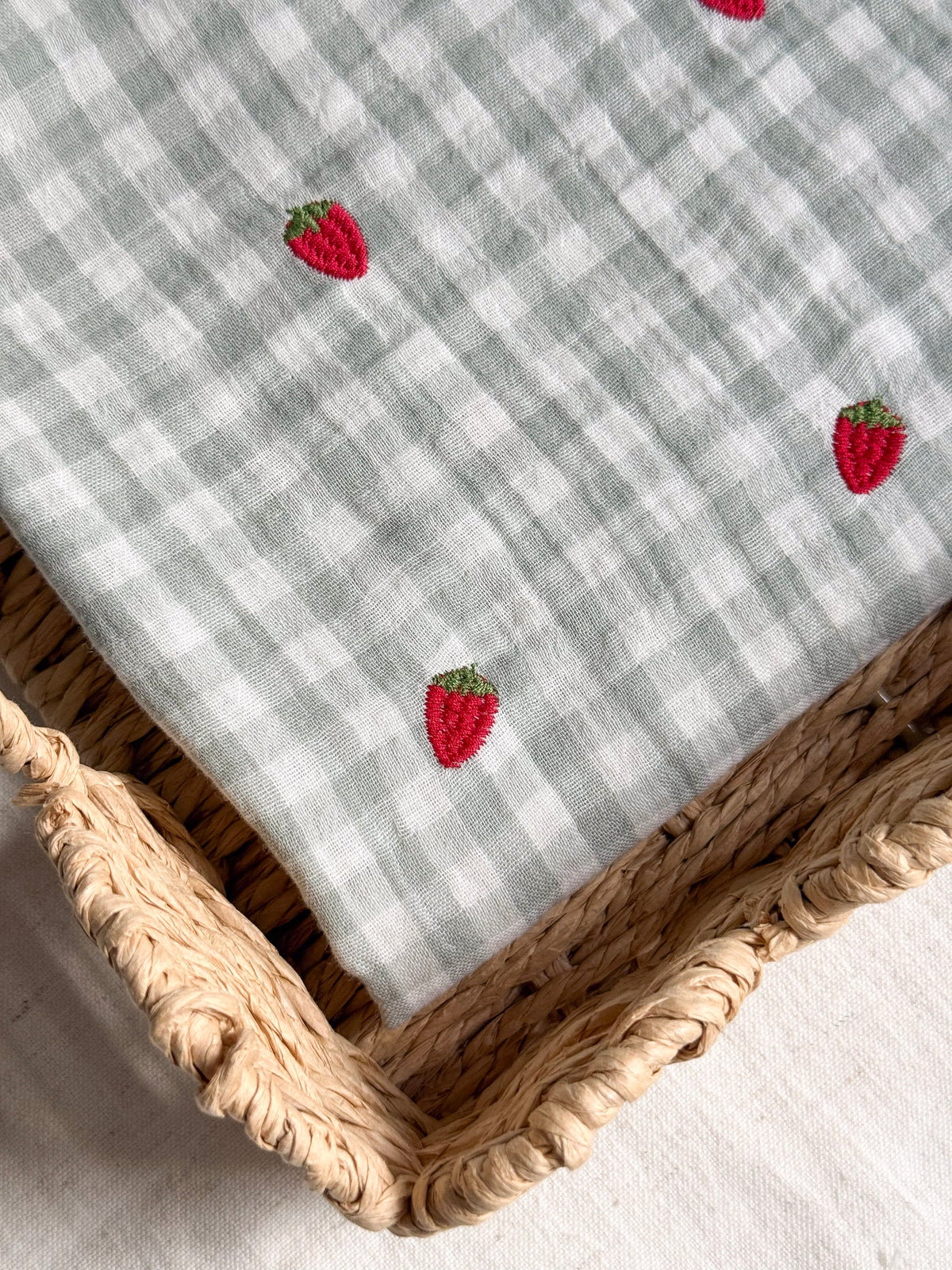 Embroidered Double Gauze Fabric - Light Mint Strawberry