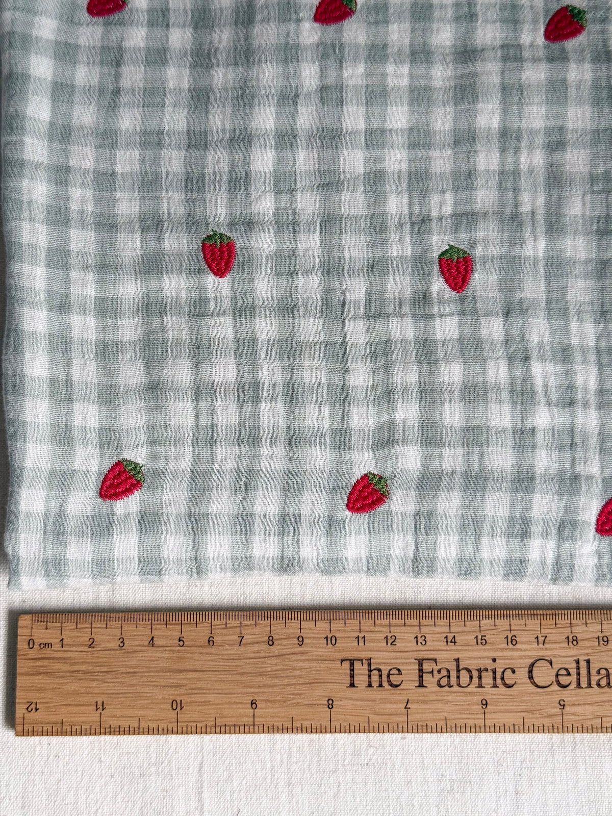 Embroidered Double Gauze Fabric - Light Mint Strawberry