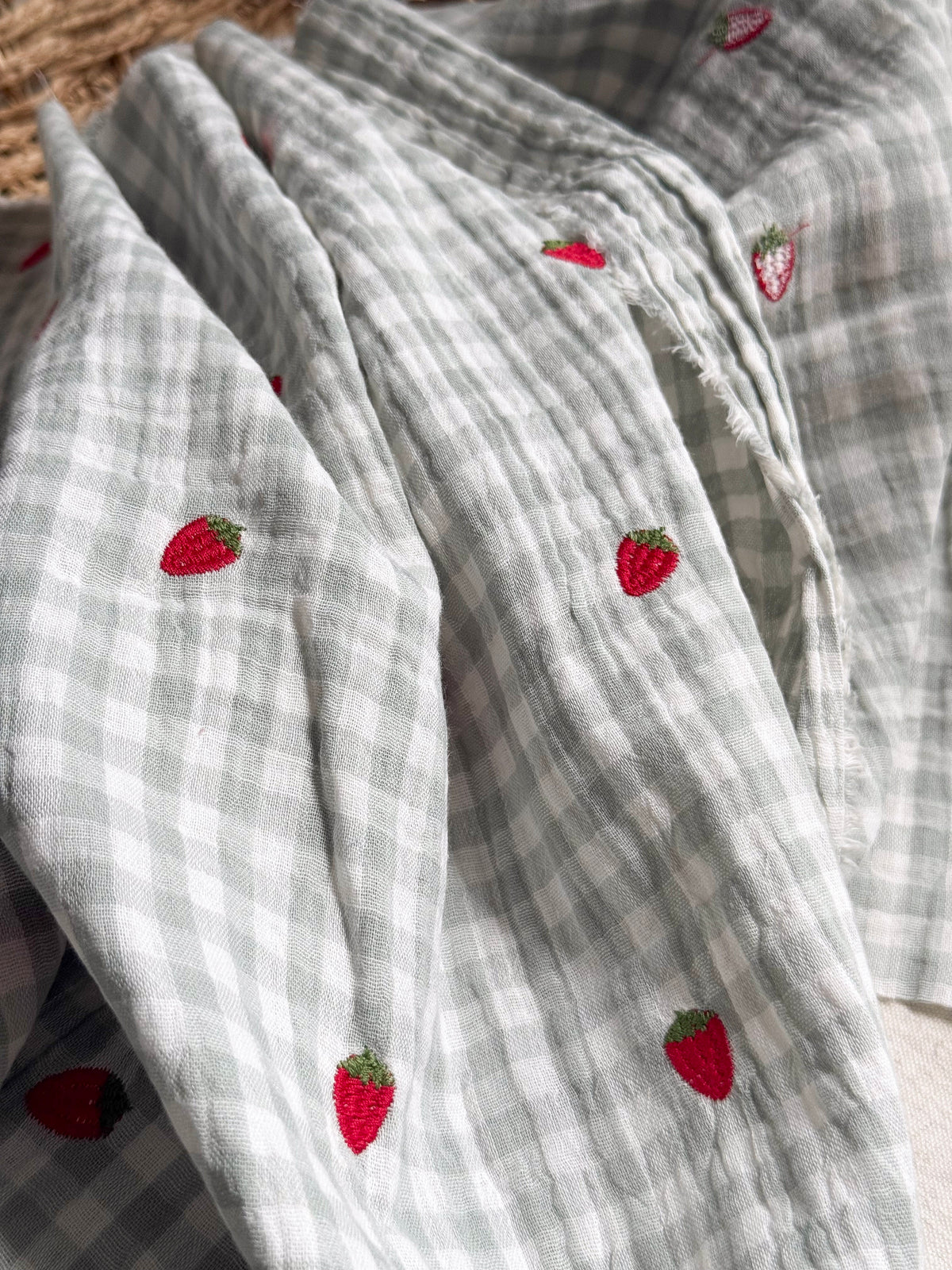 Embroidered Double Gauze Fabric - Light Mint Strawberry