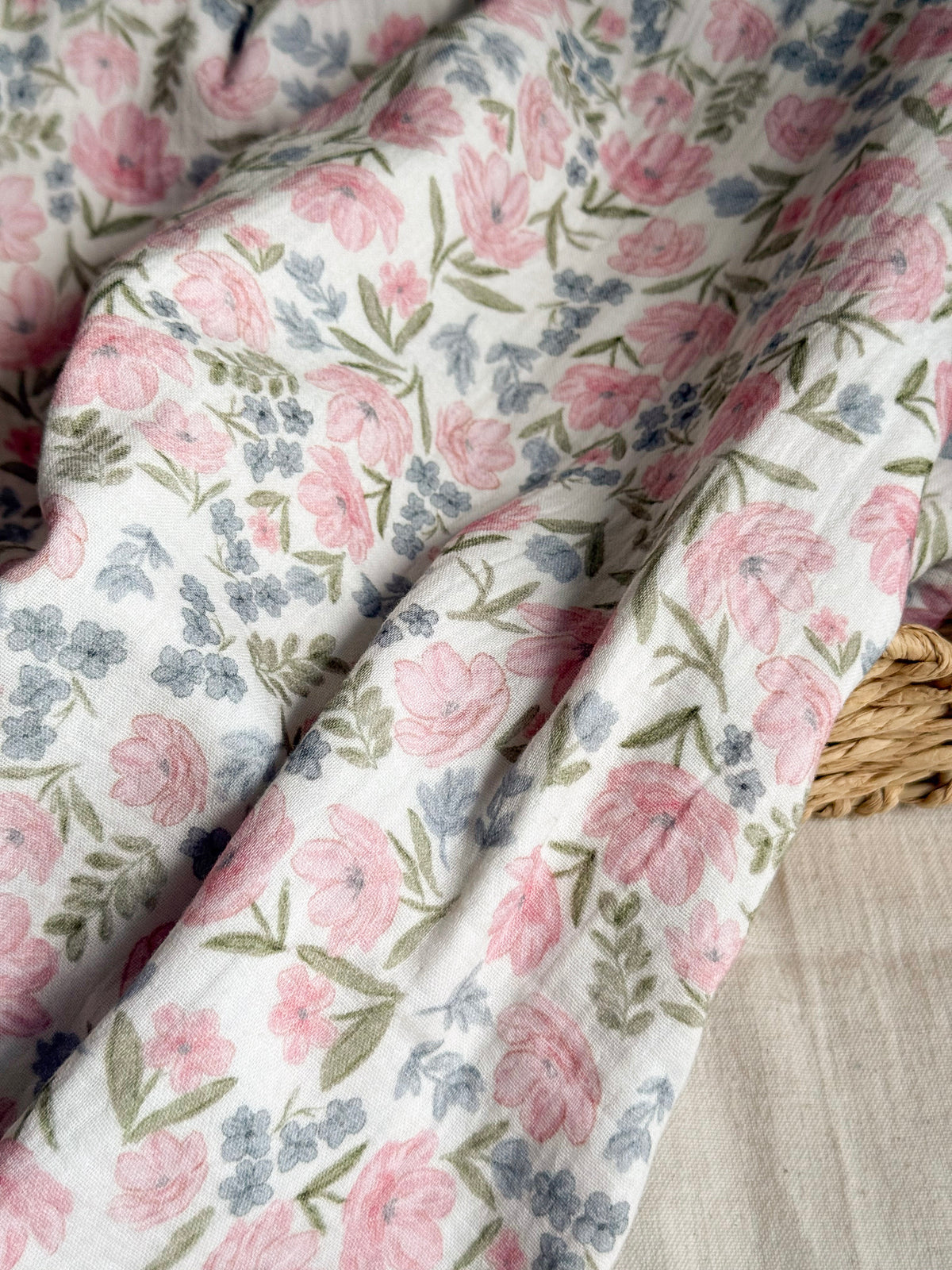 Organic Cotton Double Gauze Fabric - Pink Posy
