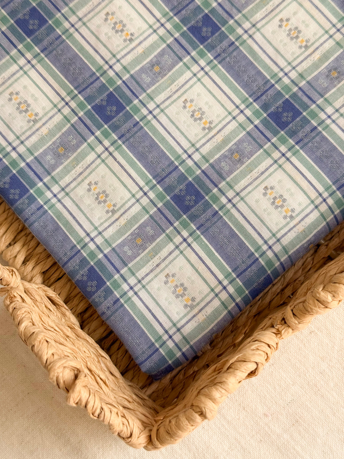 Cotton Jacquard Fabric - Plaid Gingham Floral - Blue