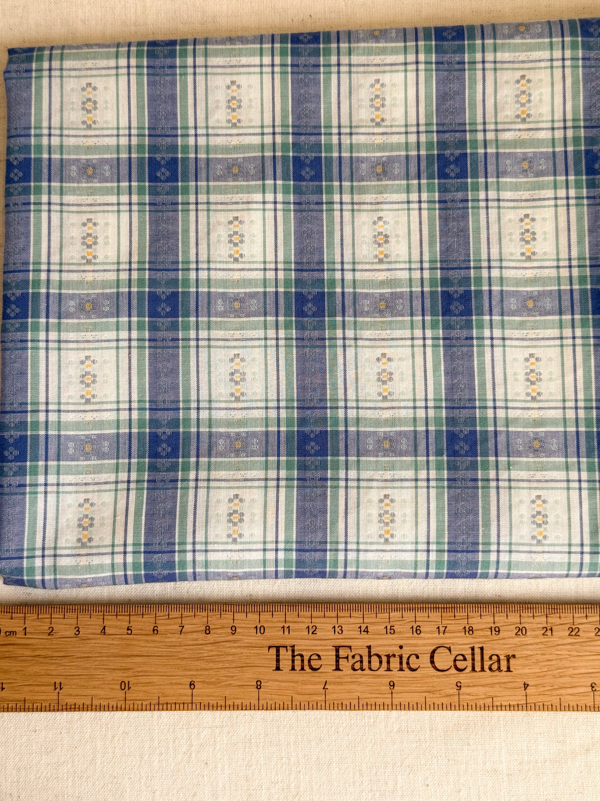 Cotton Jacquard Fabric - Plaid Gingham Floral - Blue