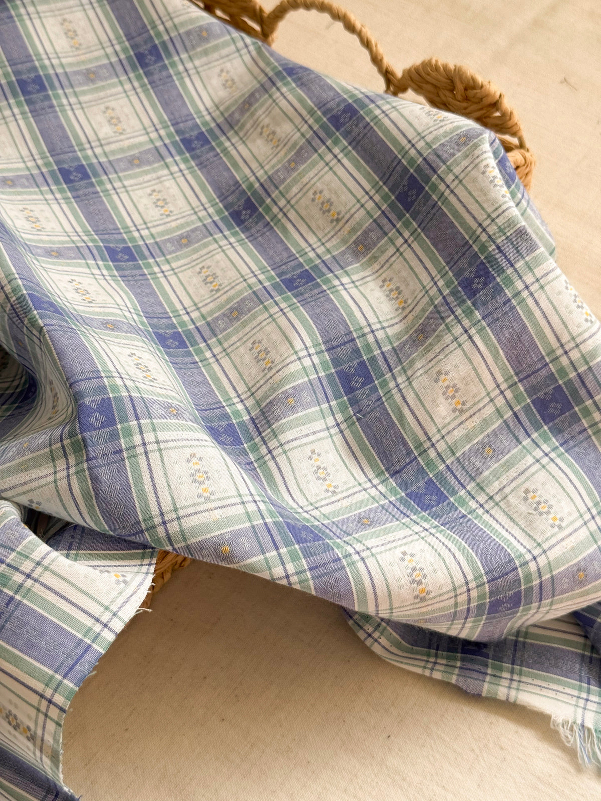 Cotton Jacquard Fabric - Plaid Gingham Floral - Blue