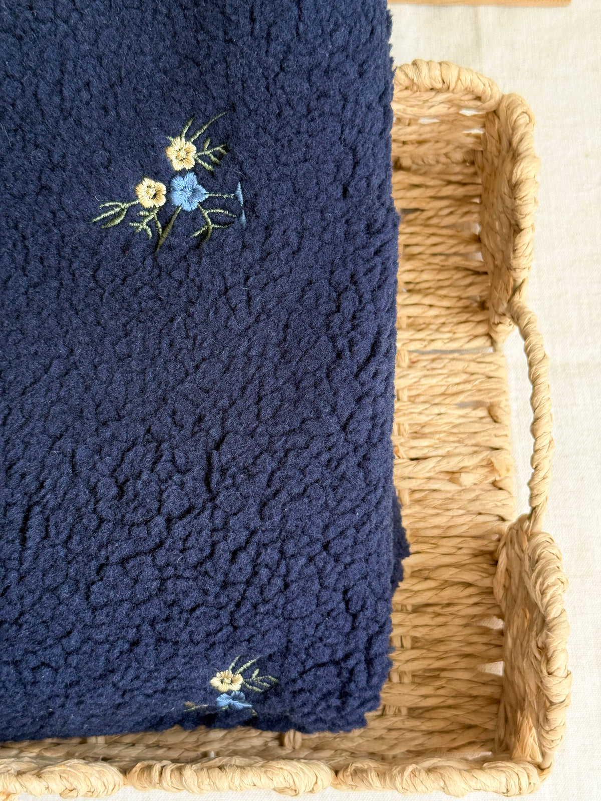 Soft Teddy Fabric - Embroidered Flowers - Navy