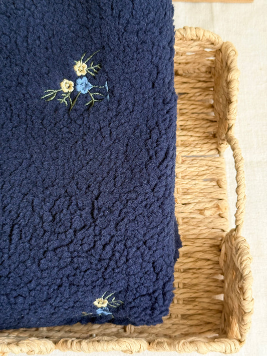 Soft Teddy Fabric - Embroidered Flowers - Navy