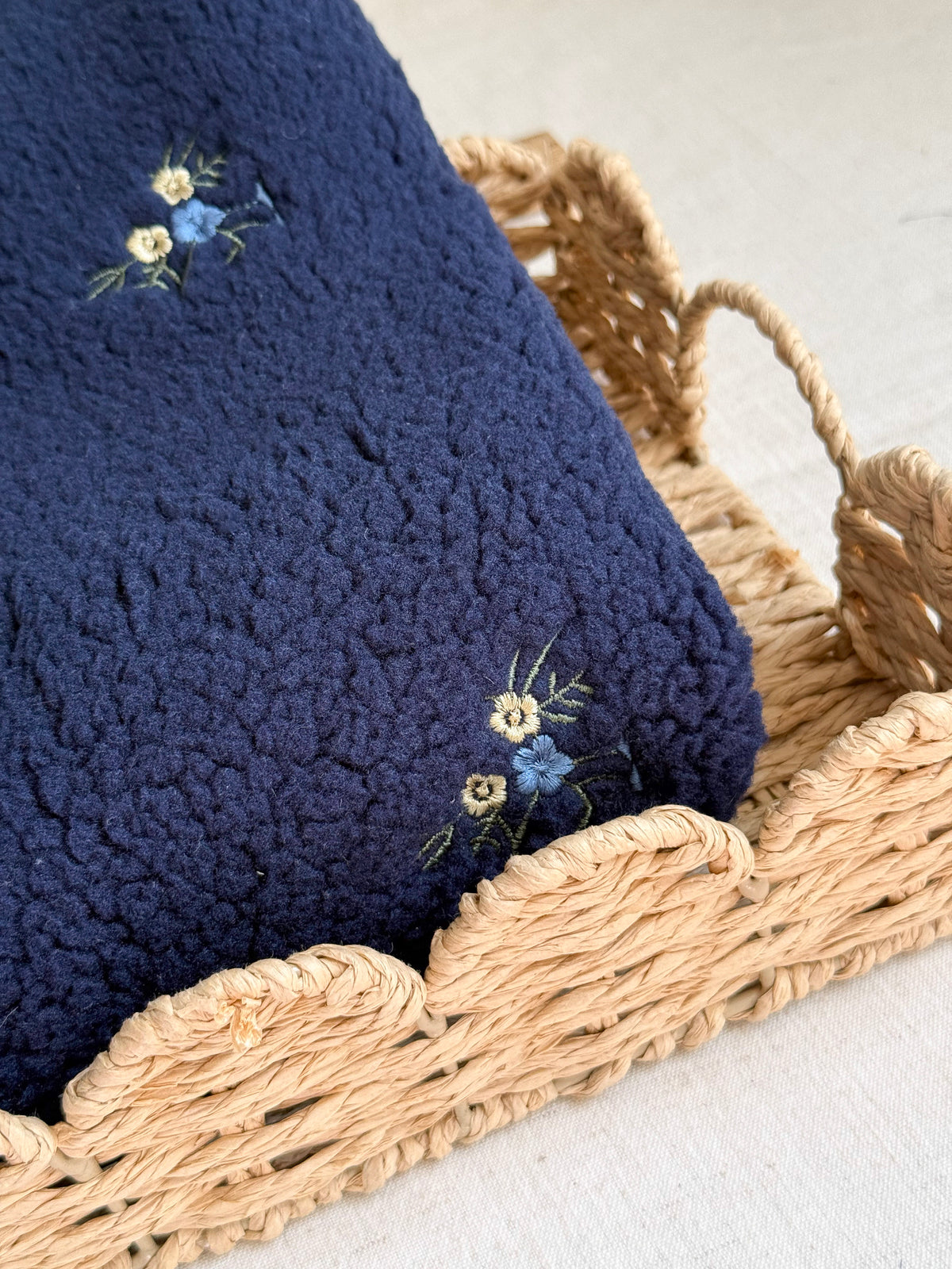 Soft Teddy Fabric - Embroidered Flowers - Navy