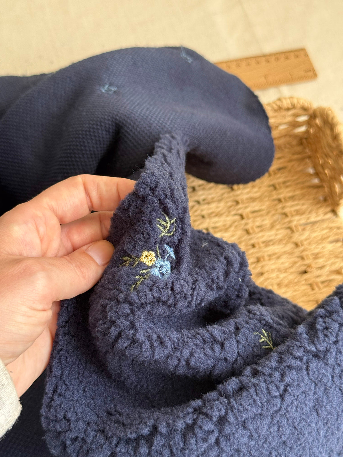 Soft Teddy Fabric - Embroidered Flowers - Navy