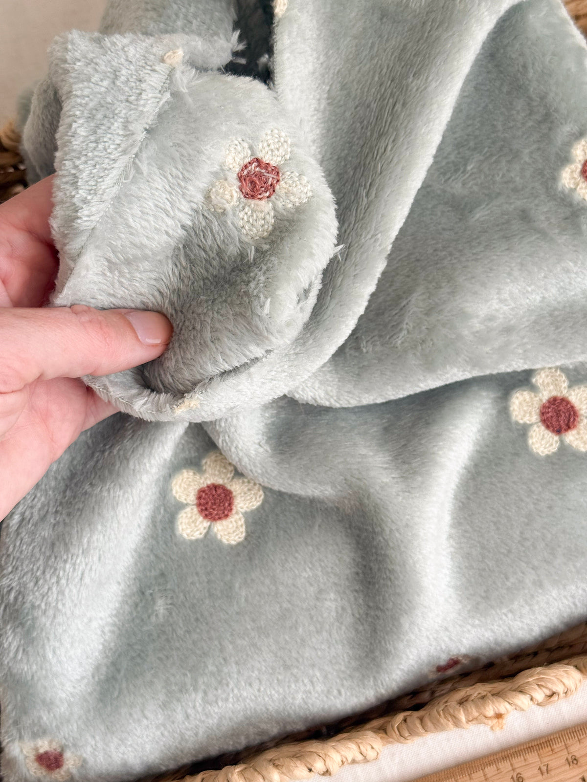 Soft Fleece Fabric - Embroidered Flowers - Sage