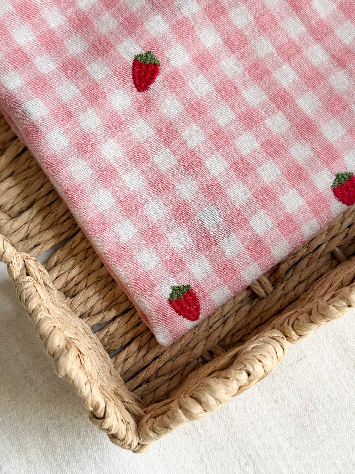 Embroidered Double Gauze Fabric - Pink Strawberry