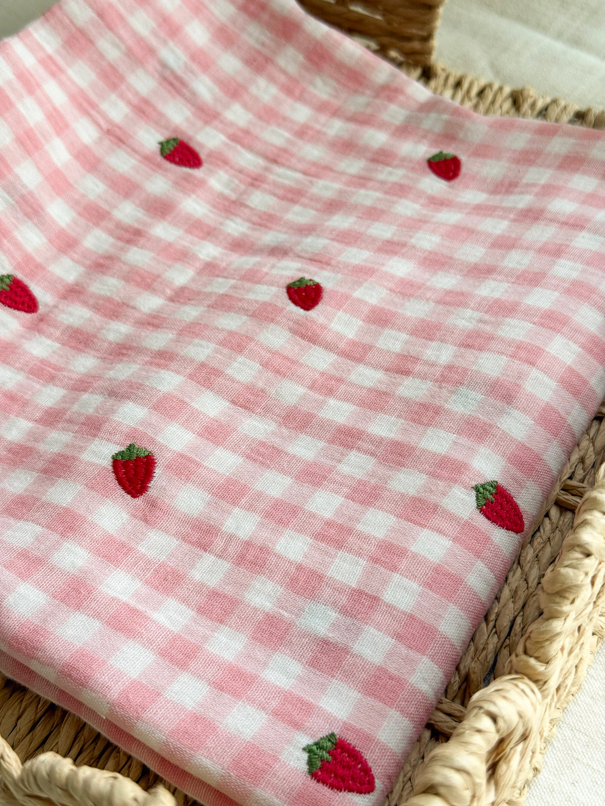 Embroidered Double Gauze Fabric - Pink Strawberry
