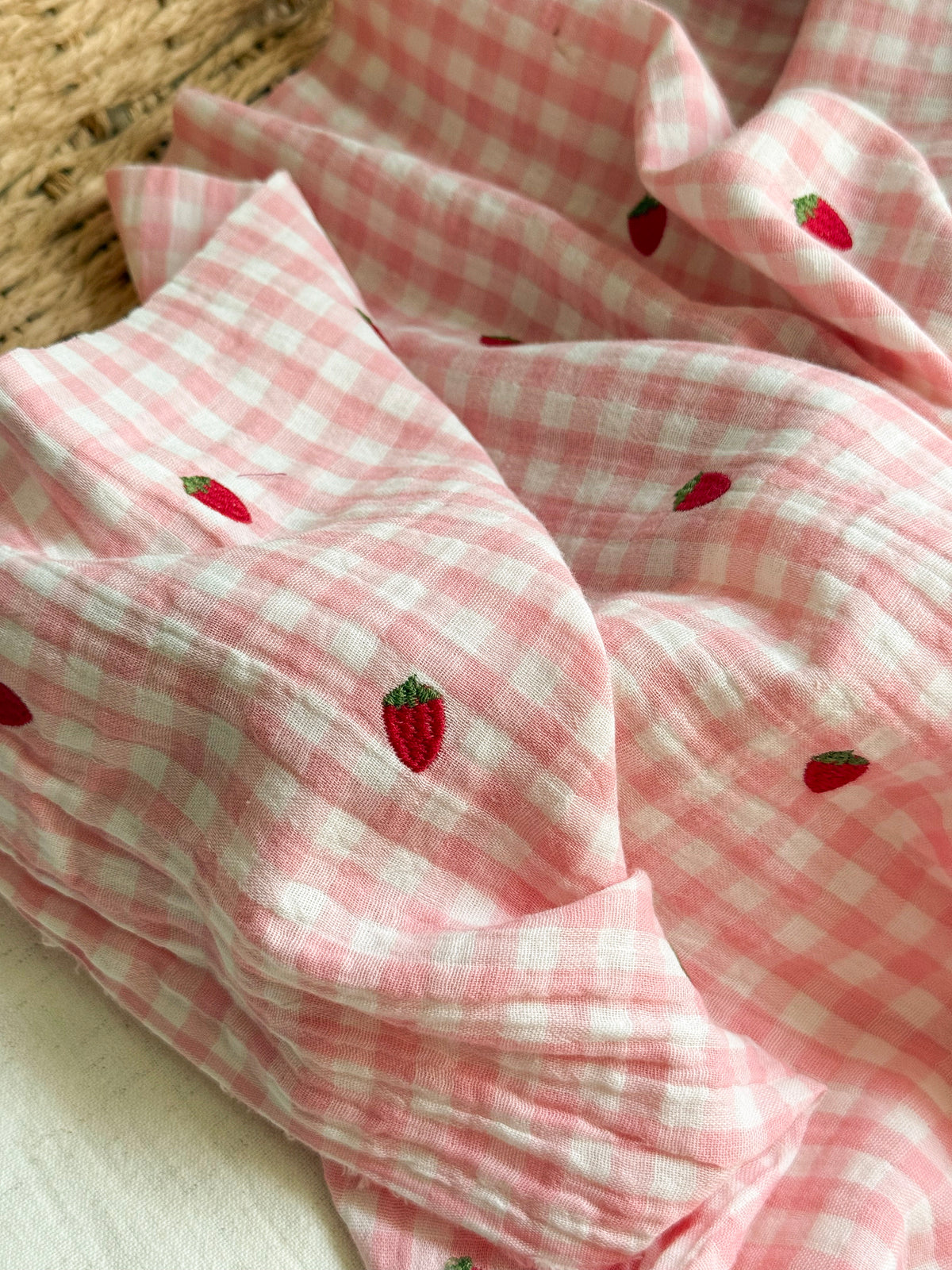 Embroidered Double Gauze Fabric - Pink Strawberry