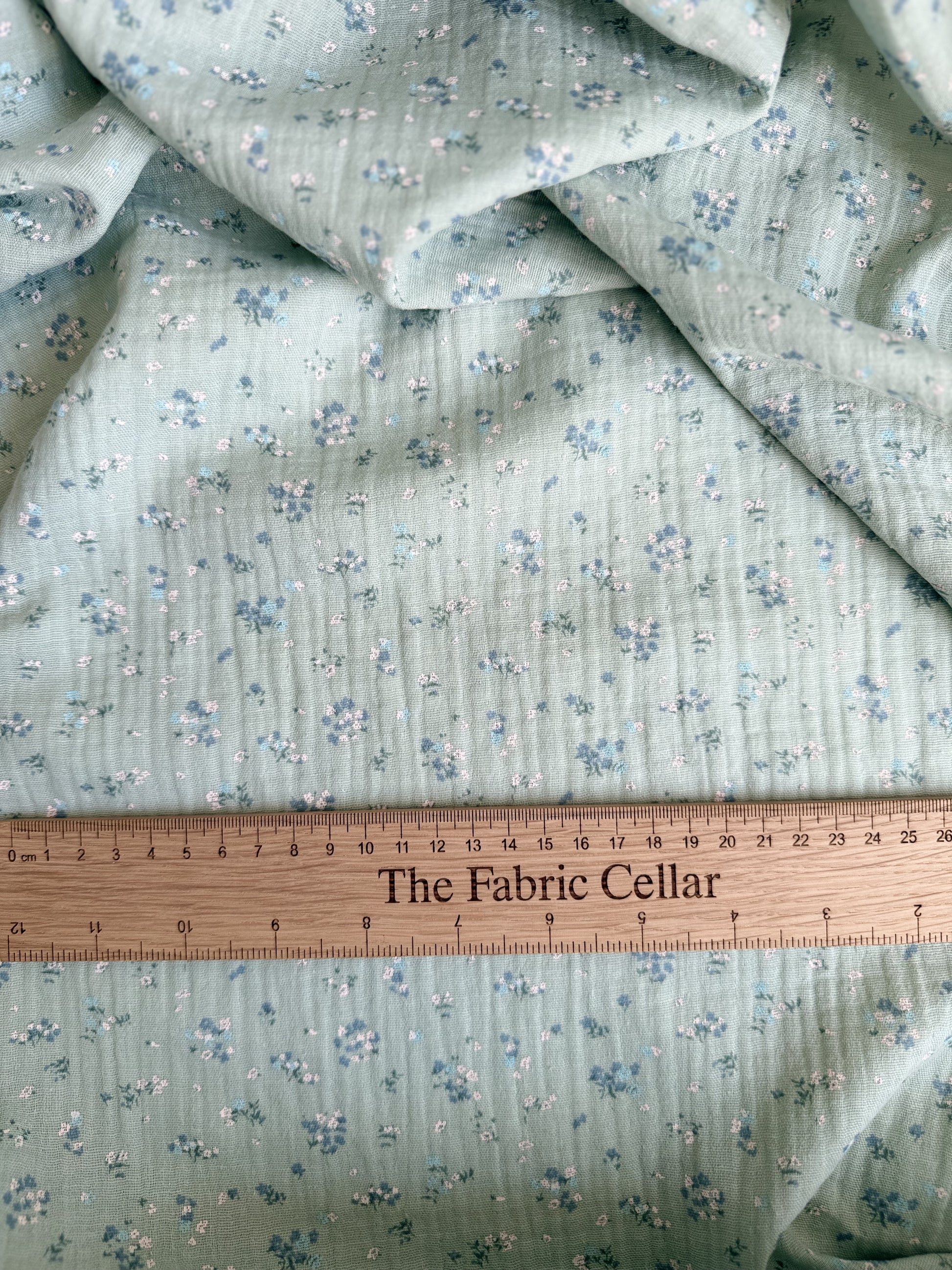 Ditsy floral mint and green and blue organic cotton fabric 
