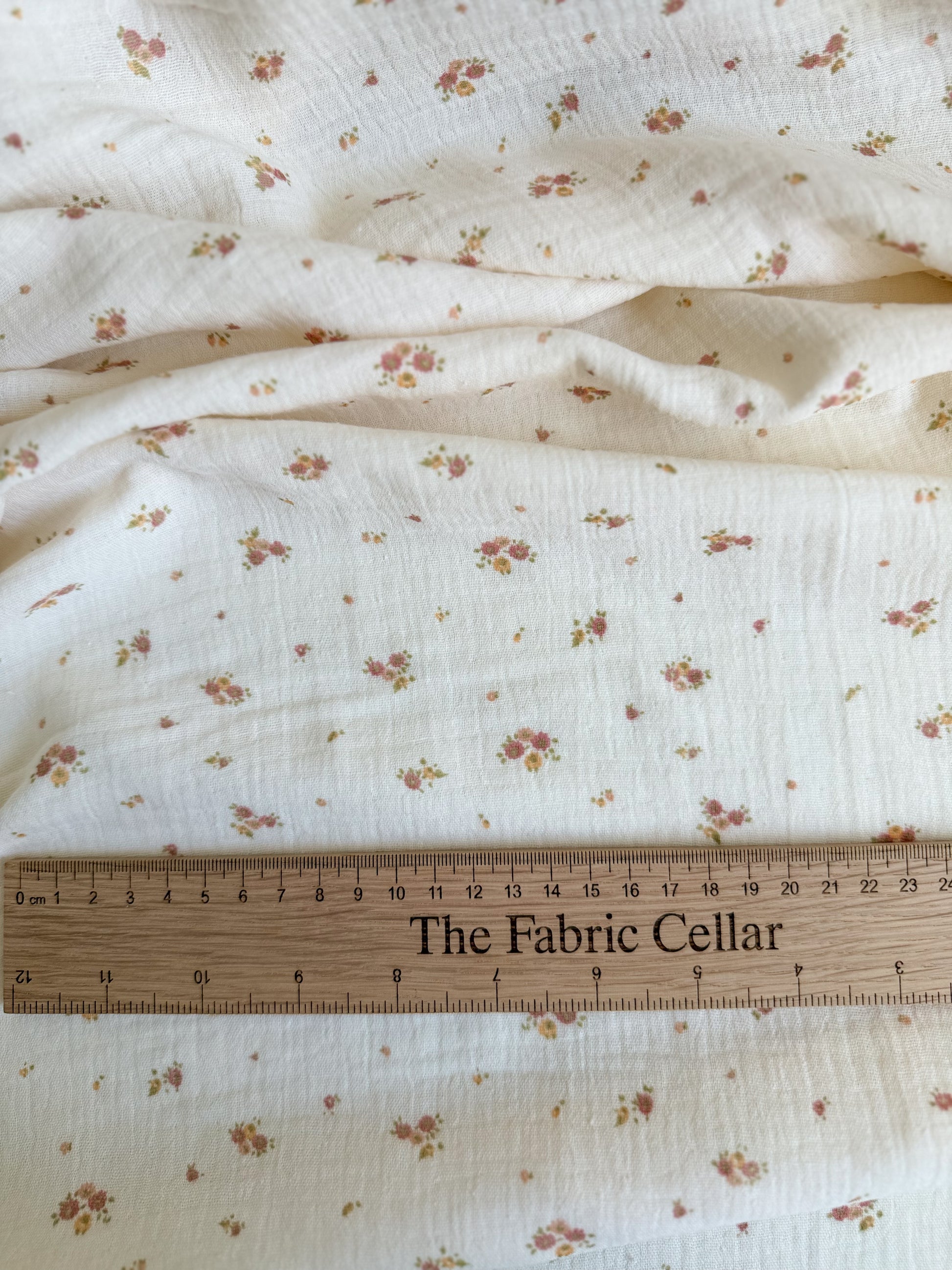 Tiny pink and yello floral print double gauze cotton muslin fabric
