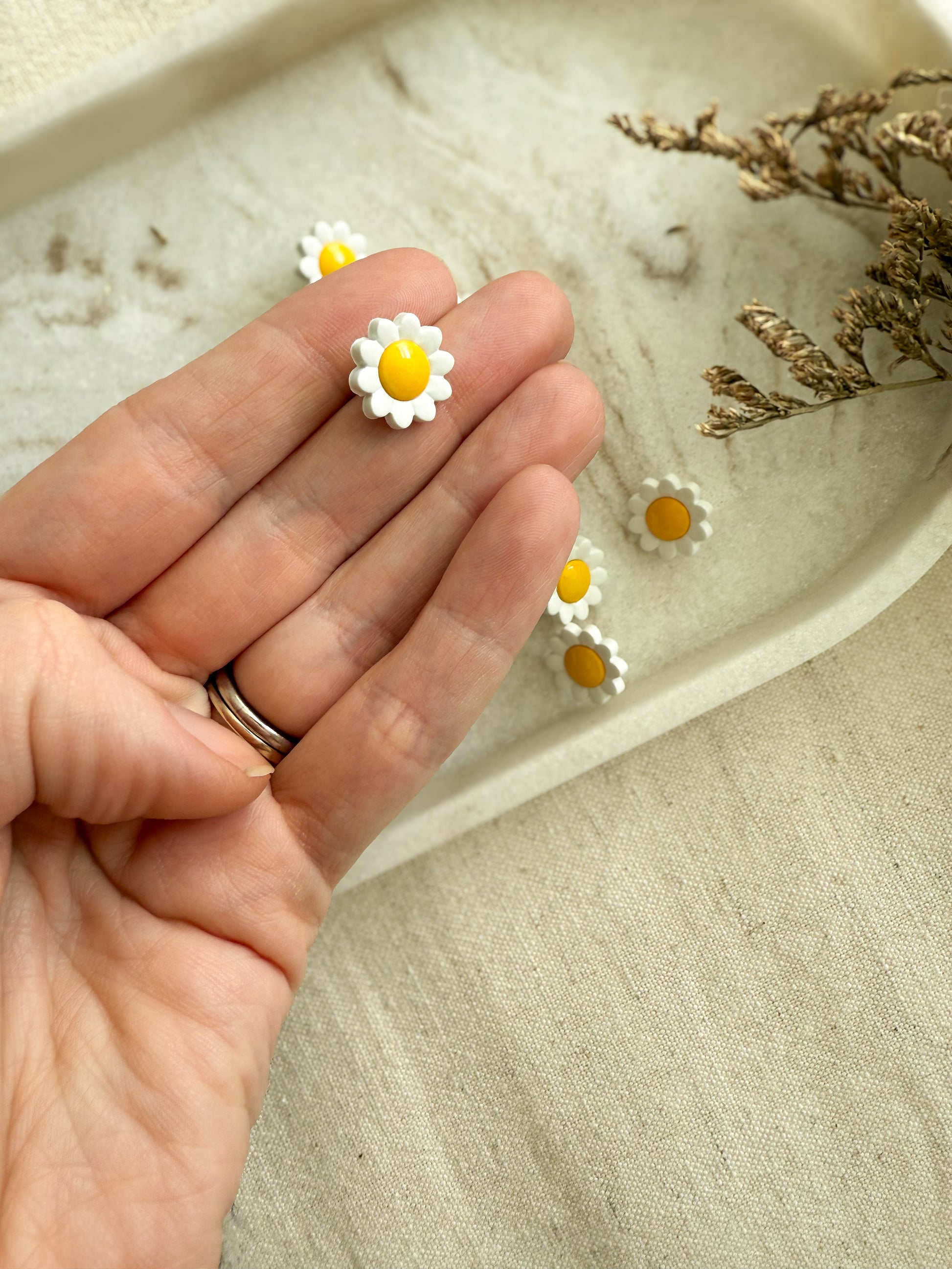 A small shank sewing button in the shape of a yellow and white daisy. 
