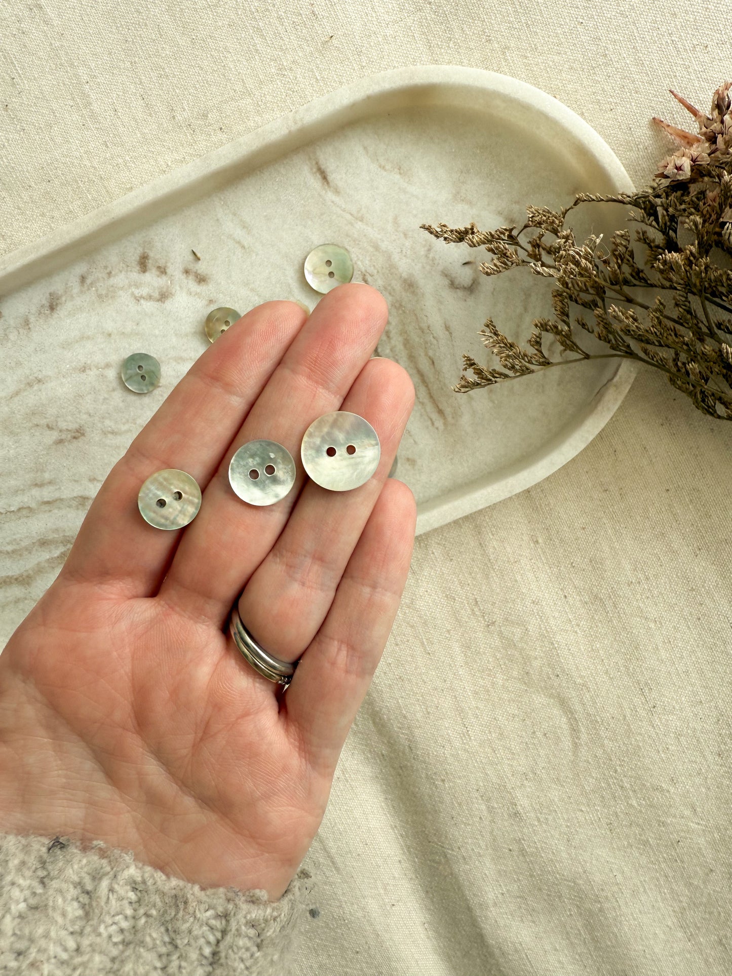 A natural mother of pearl sewing button with two holes in a number of sizes with a pearlescent finish
